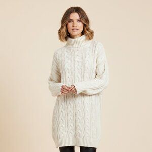 Dreamers Womens S/M Mock Neck Cable Knit  Chunky Sweater Dress Ivory Color
